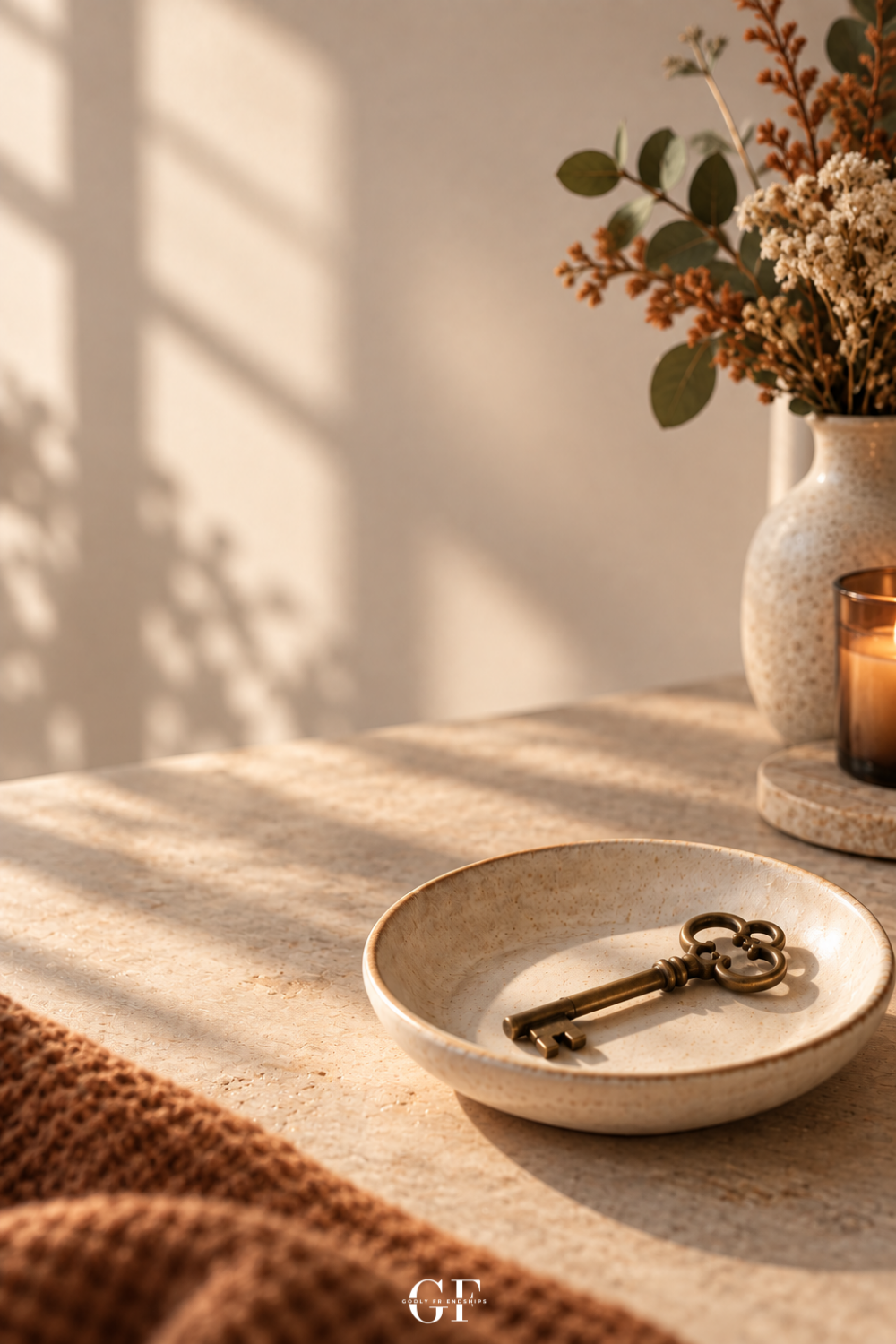 Warm sunlit tabletop with flowers, a candle, and an antique key resting in a ceramic dish