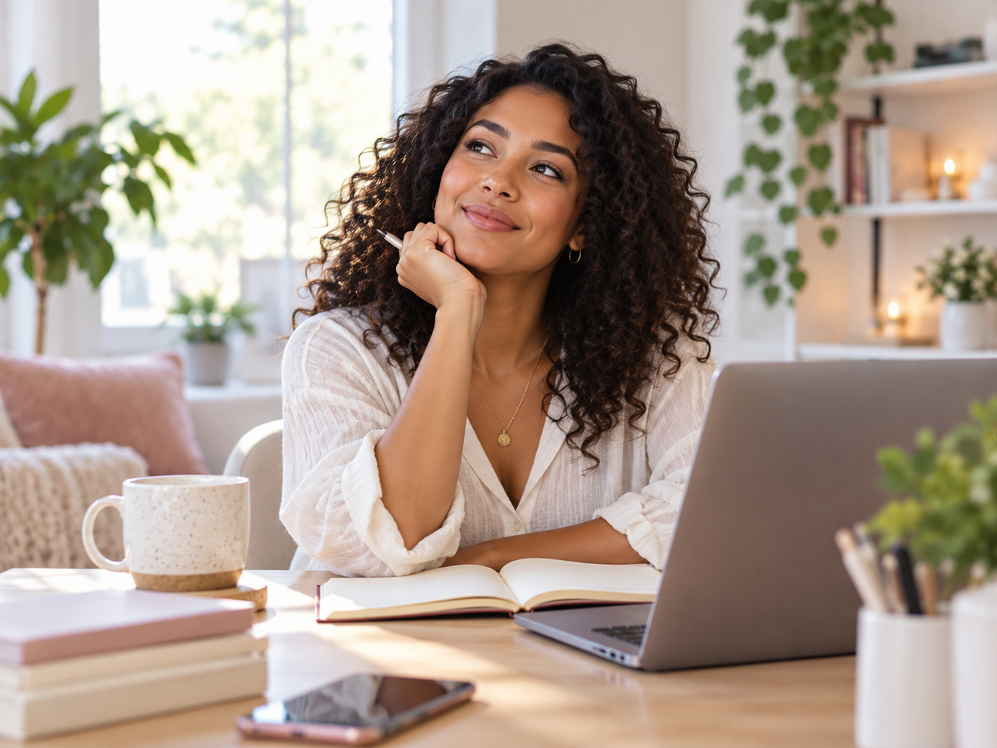A woman reflecting on an idea at home with an open notebook and laptop