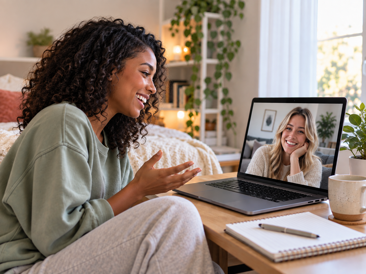 Two women enjoying a friendly video conversation from their homes